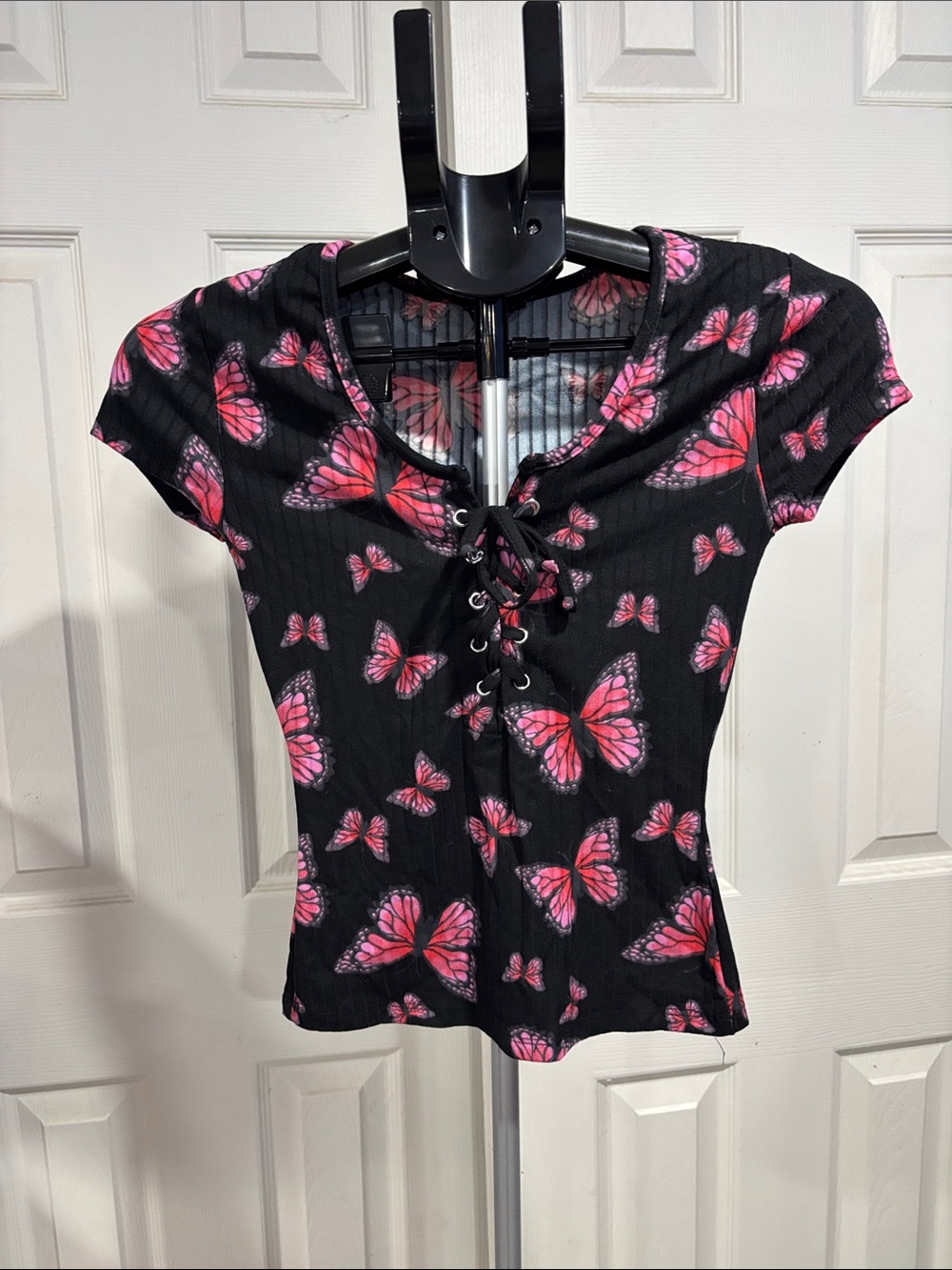 Rue21 Black Crop Top with Pink Butterfly Lace-Up Front